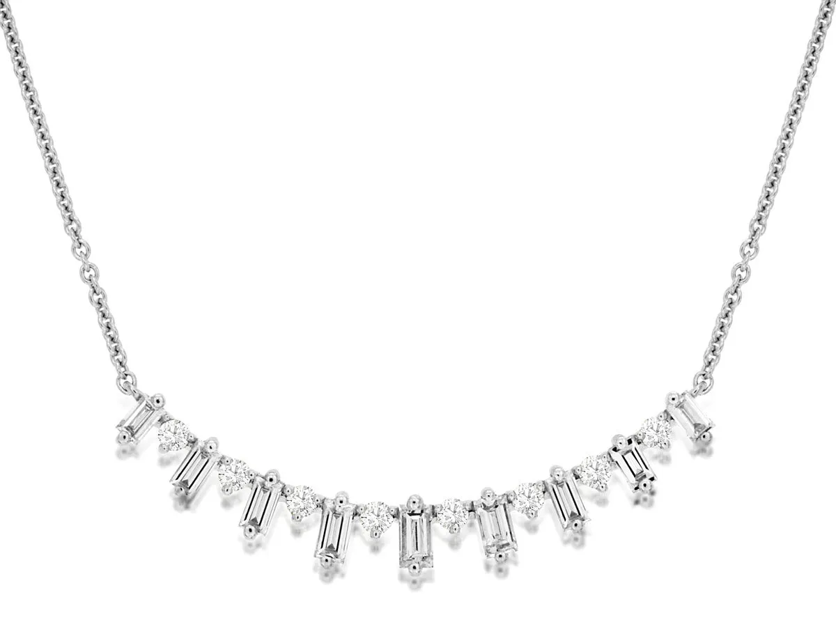 14K White Gold Baguette and Pave Diamond Bar Necklace