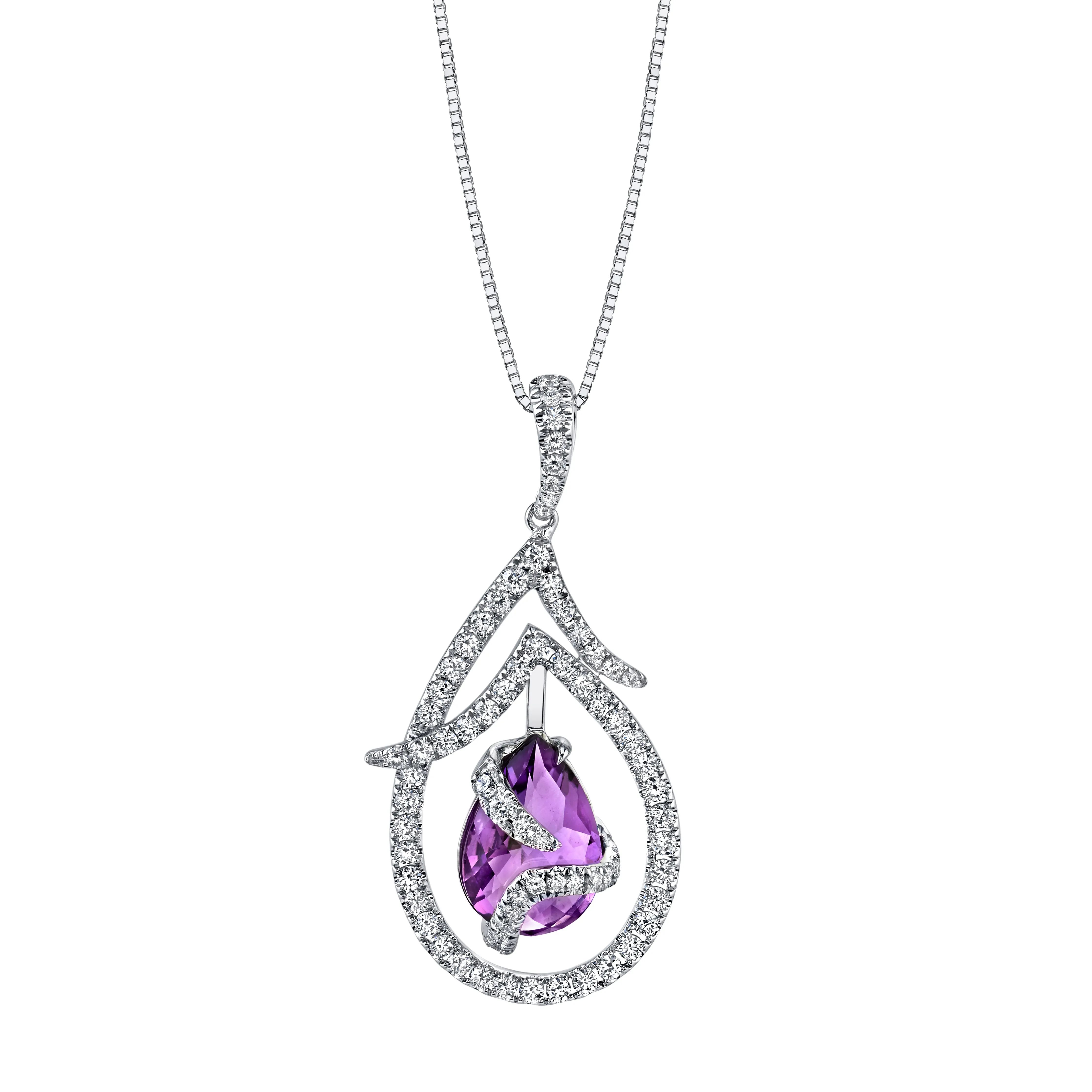 14K White Gold Diamond Necklace With Dangling Amethyst Gemstone