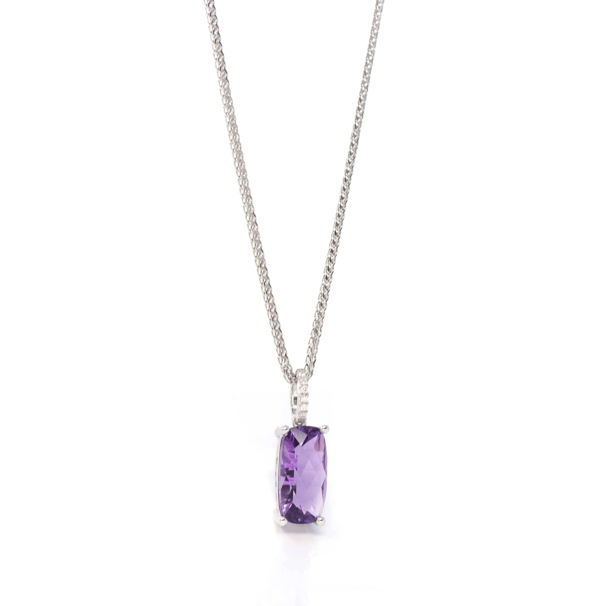 14k White Gold Emerald Cushion Cut Amethyst Necklace With Diamonds