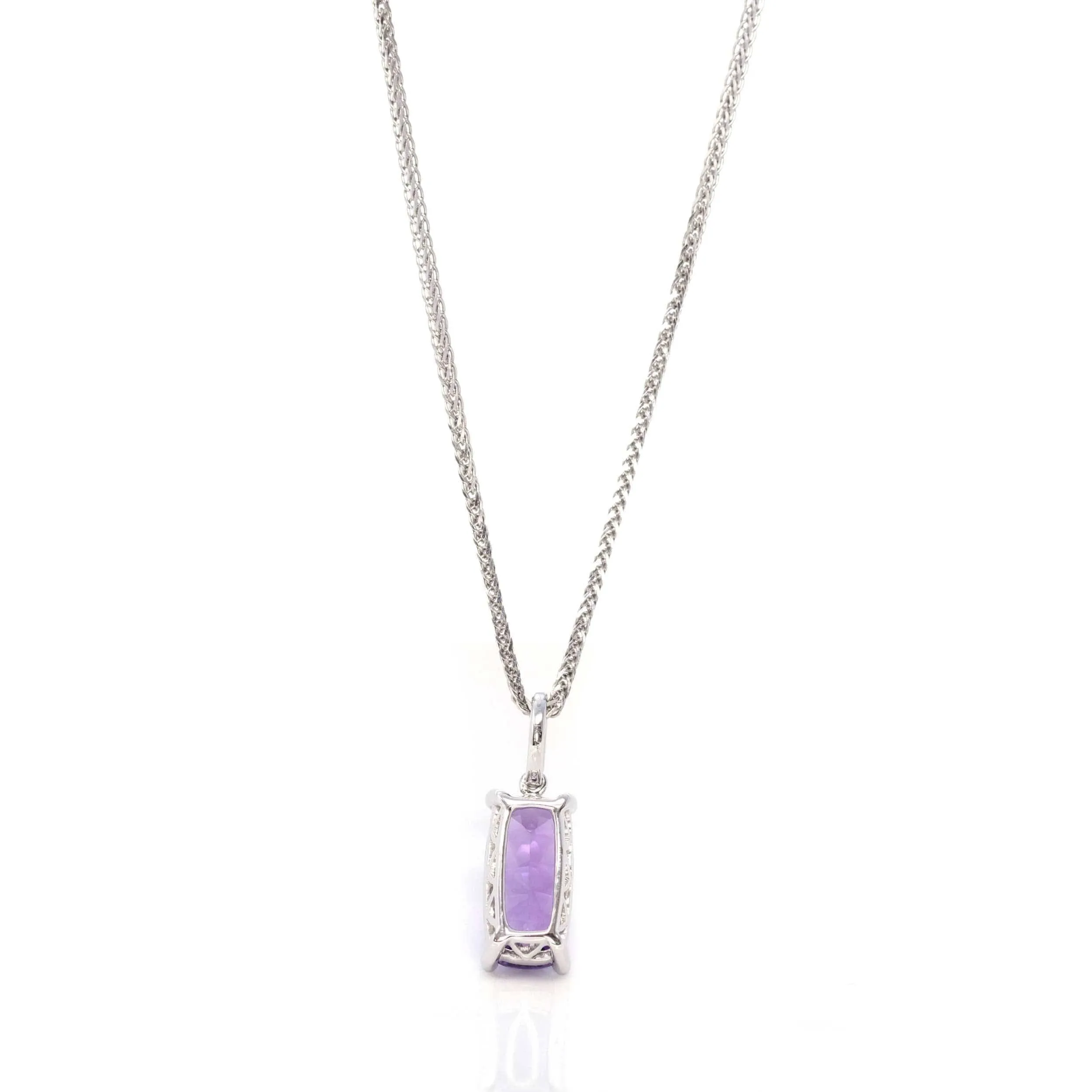 14k White Gold Emerald Cushion Cut Amethyst Necklace With Diamonds