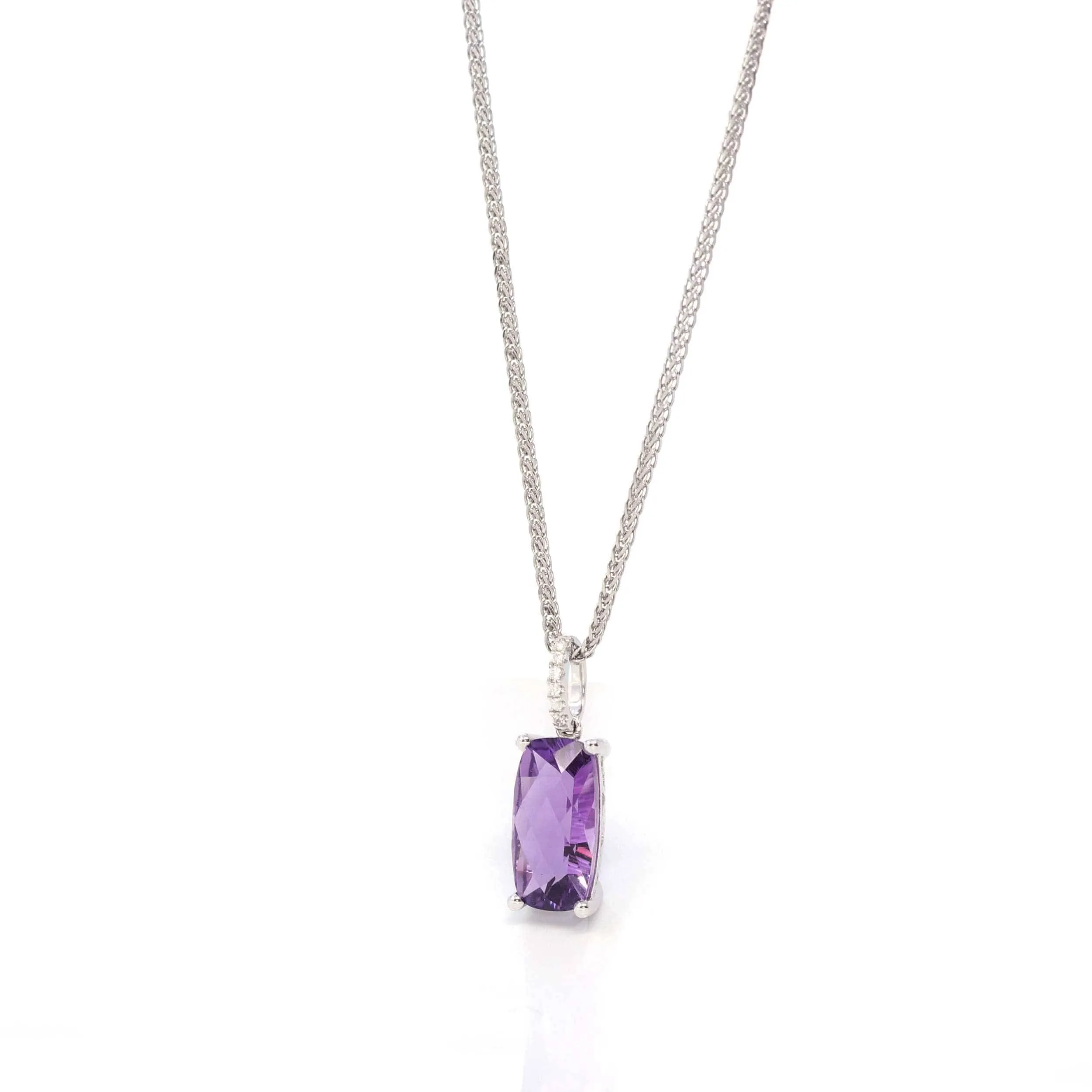 14k White Gold Emerald Cushion Cut Amethyst Necklace With Diamonds