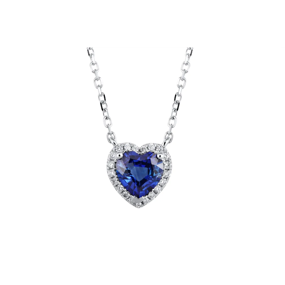 14K White Gold Heart Sapphire with Diamond Halo Pendant Necklace