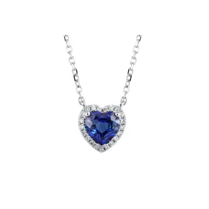 14K White Gold Heart Sapphire with Diamond Halo Pendant Necklace