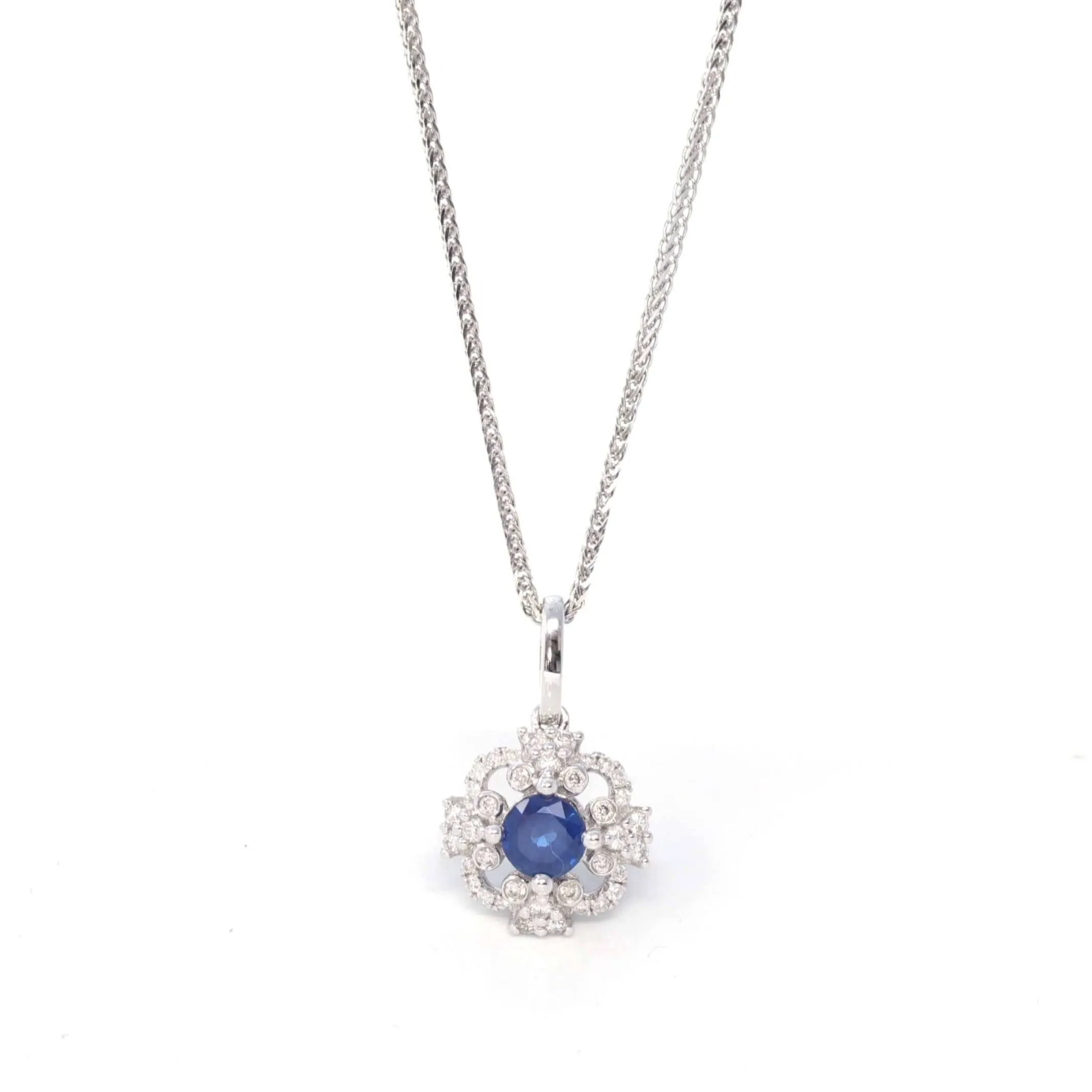 14k White Gold Natural Sapphire Necklace With Diamonds