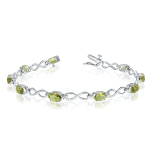 14K White Gold Oval Peridot Stones And Diamonds Infinity Tennis Bracelet, 7"