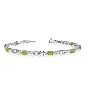 14K White Gold Oval Peridot Stones And Diamonds Tennis Bracelet, 7"