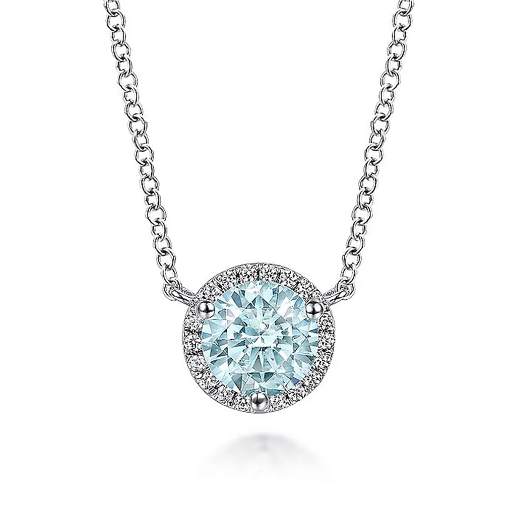 14K White Gold Round Aquamarine and Diamond Halo Pendant Necklace