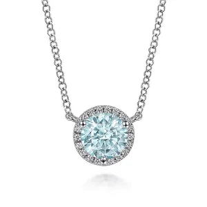 14K White Gold Round Aquamarine and Diamond Halo Pendant Necklace