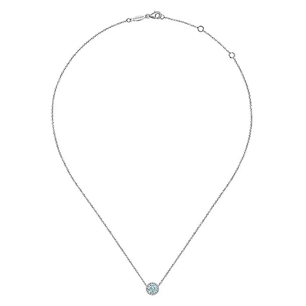 14K White Gold Round Aquamarine and Diamond Halo Pendant Necklace