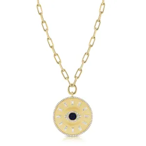 14K Yellow Gold Diamond   Sapphire Evil Eye Coin Necklace