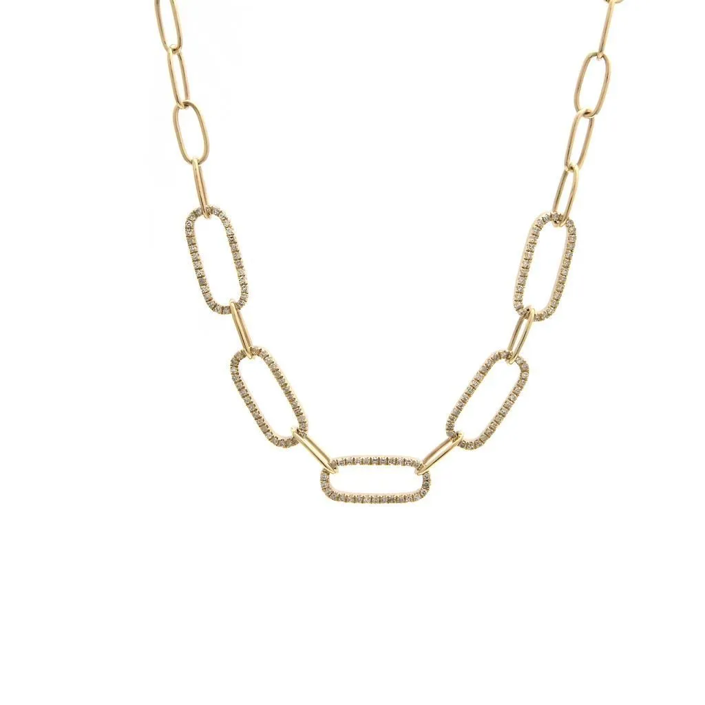 14K Yellow Gold Paper Clip Single Pave Diamond Necklace