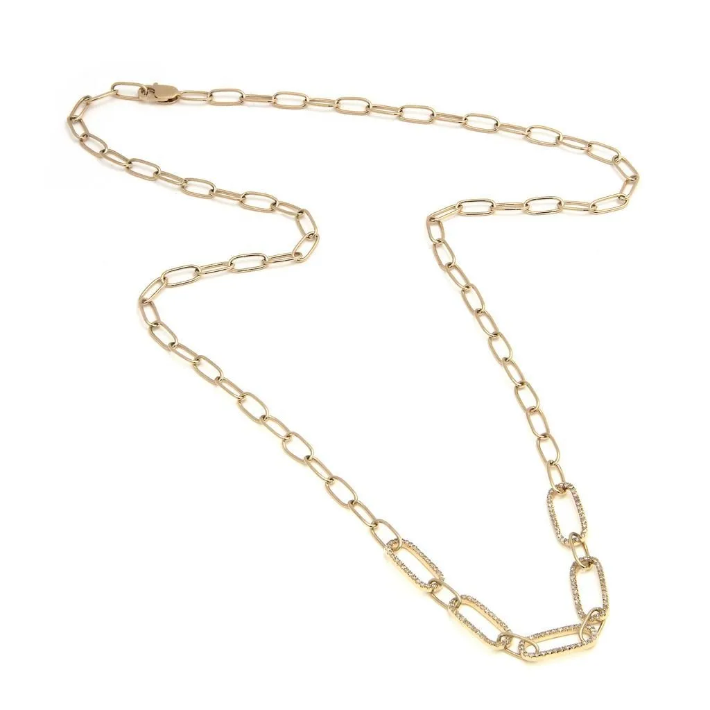 14K Yellow Gold Paper Clip Single Pave Diamond Necklace