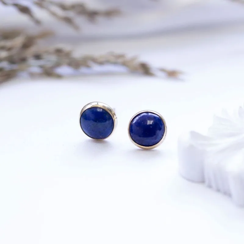 14K Yellow Gold Round Blue Lapis Lazuli 6mm Stud Earrings