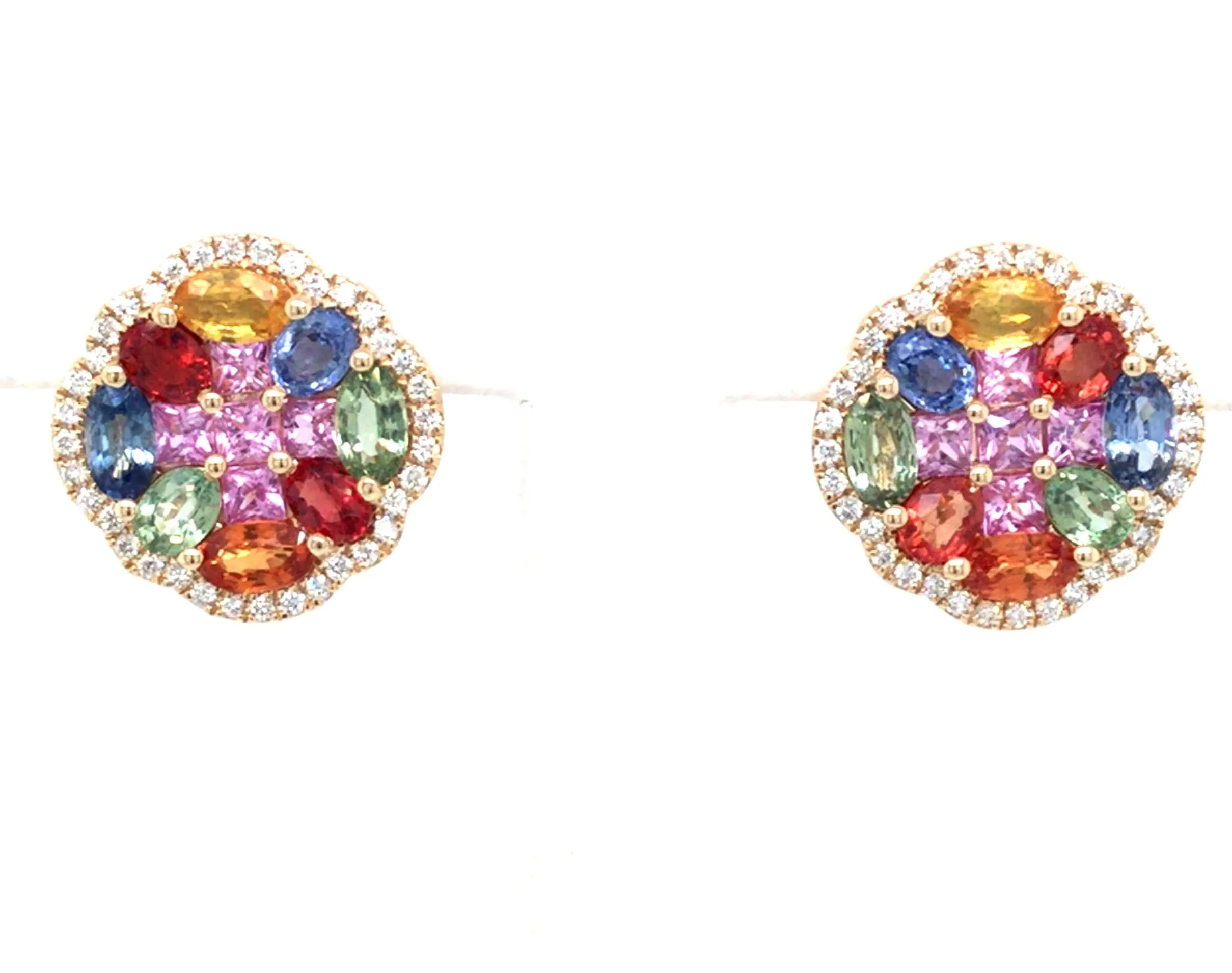 14K Yellow Multi-Colored Sapphires and Natural Diamond Stud Earrings