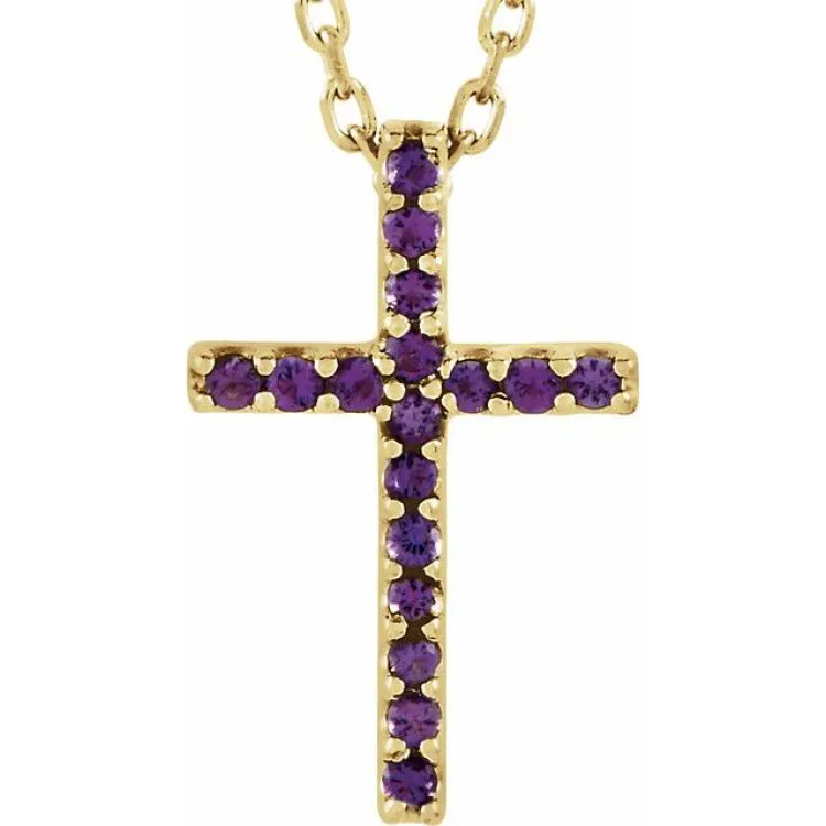 14K Yellow Natural Amethyst Petite Cross 16" Necklace