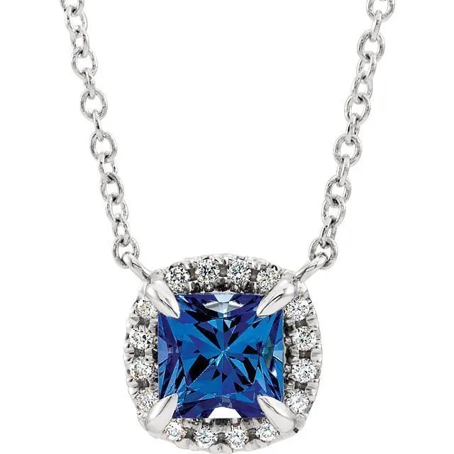 14KT GOLD 0.20 CT SAPPHIRE & .05 CTW DIAMOND HALO NECKLACE