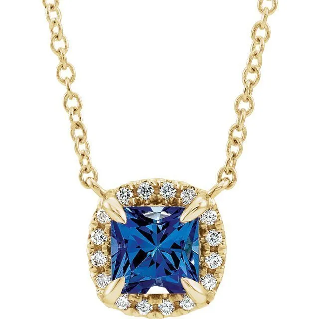 14KT GOLD 0.20 CT SAPPHIRE & .05 CTW DIAMOND HALO NECKLACE