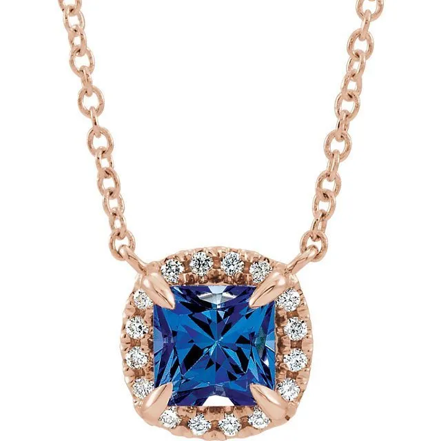 14KT GOLD 0.20 CT SAPPHIRE & .05 CTW DIAMOND HALO NECKLACE