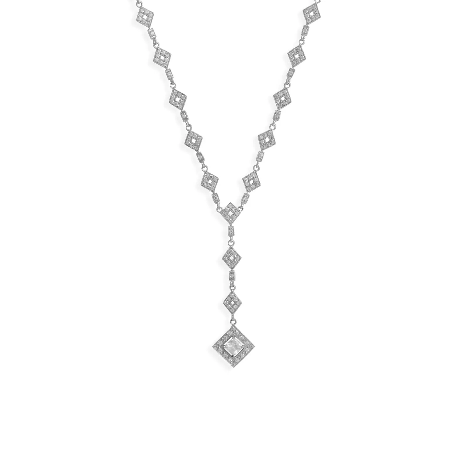 16" Rhodium Plated CZ Diamond Shape Y Drop Necklace