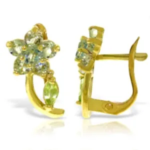 1.72 Carat 14K Solid Yellow Gold Flora Aquamarine Peridot Clip Earrings