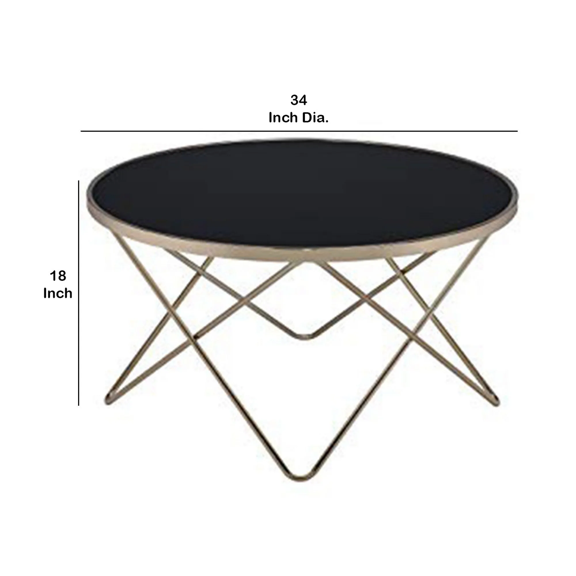 18 Inch Glass Top Coffee Table With Metal Base, Black And Gold  By Benzara