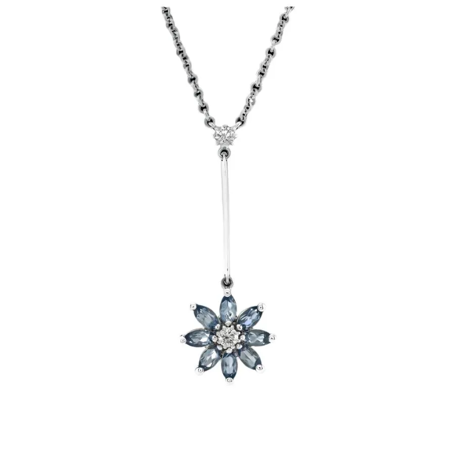 18ct White Gold Aquamarine & Diamond Flower Pendant & Chain