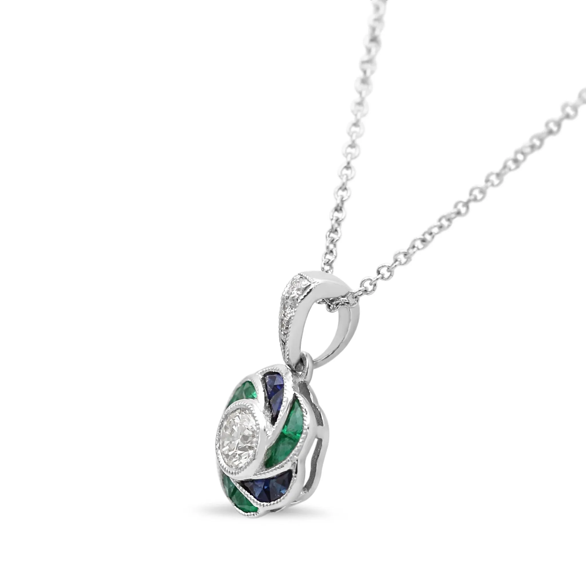 18ct White Gold Diamond, Emerald & Sapphire Necklace 16"-18"