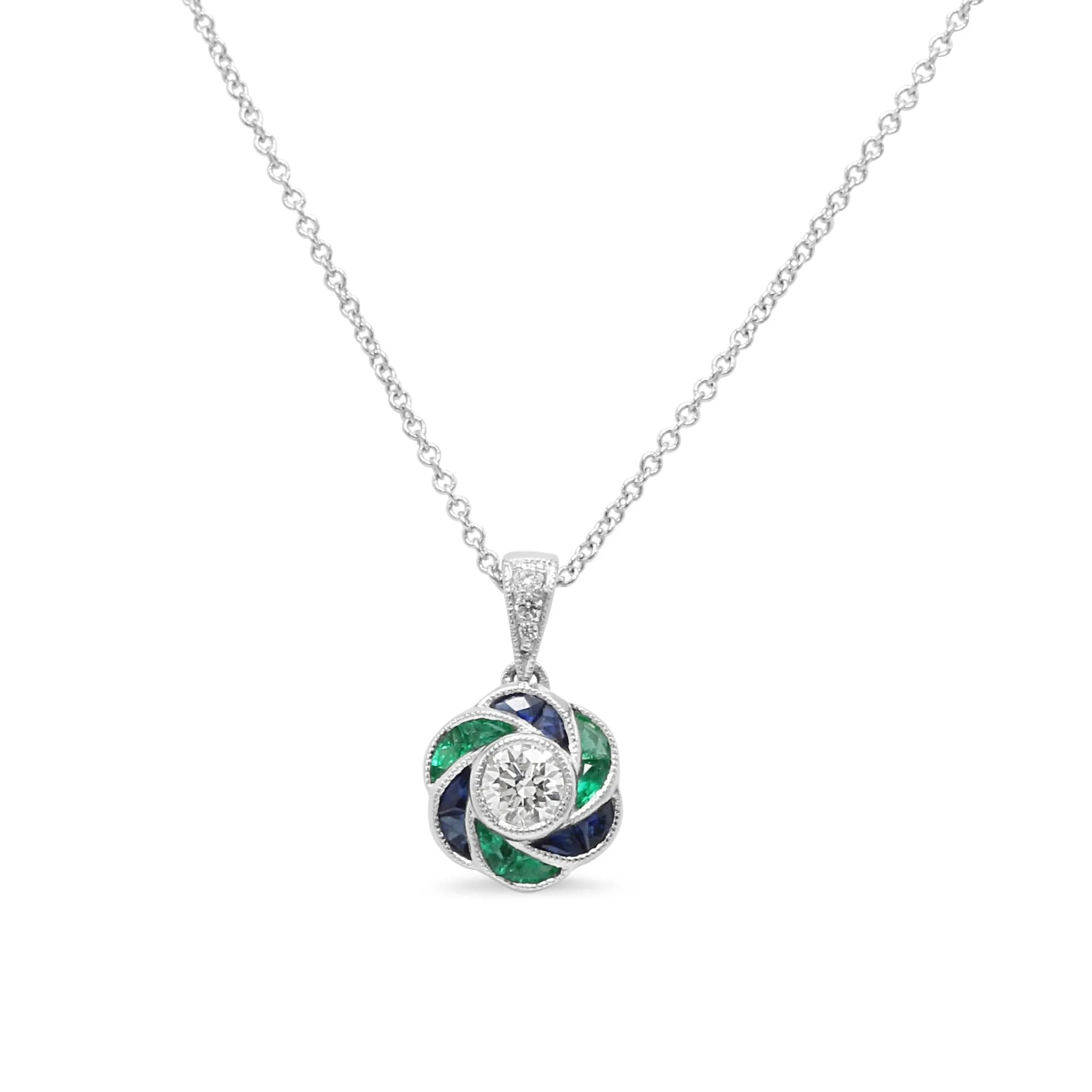 18ct White Gold Diamond, Emerald & Sapphire Necklace 16"-18"