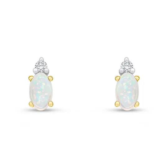 18ct Yellow Gold Oval Opal & Round Diamond Two Stone Stud Earrings 5x3mm