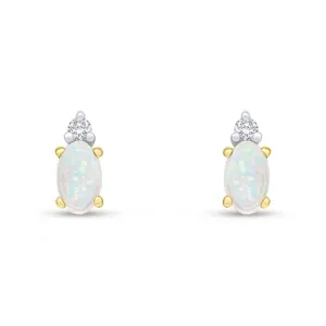 18ct Yellow Gold Oval Opal & Round Diamond Two Stone Stud Earrings 5x3mm