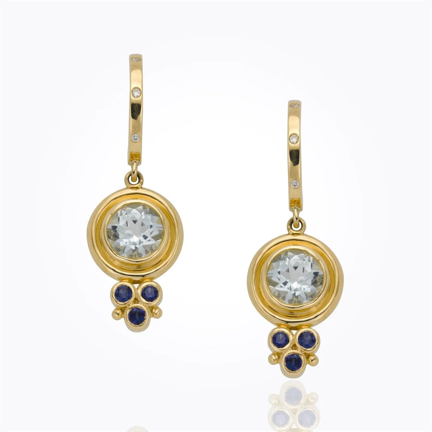 18K Classic Cabochon Round Earrings with diamond and blue sapphire granulation