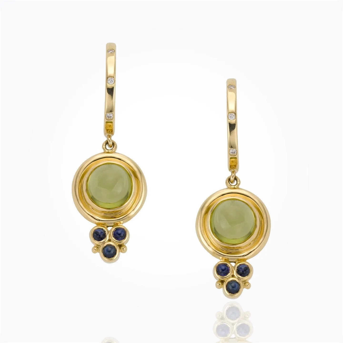 18K Classic Cabochon Round Earrings with diamond and blue sapphire granulation