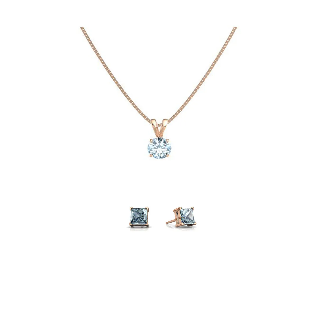 18K Rose Gold 4ct Aquamarine Round 18 Inch Necklace and Square Earrings Set Plated