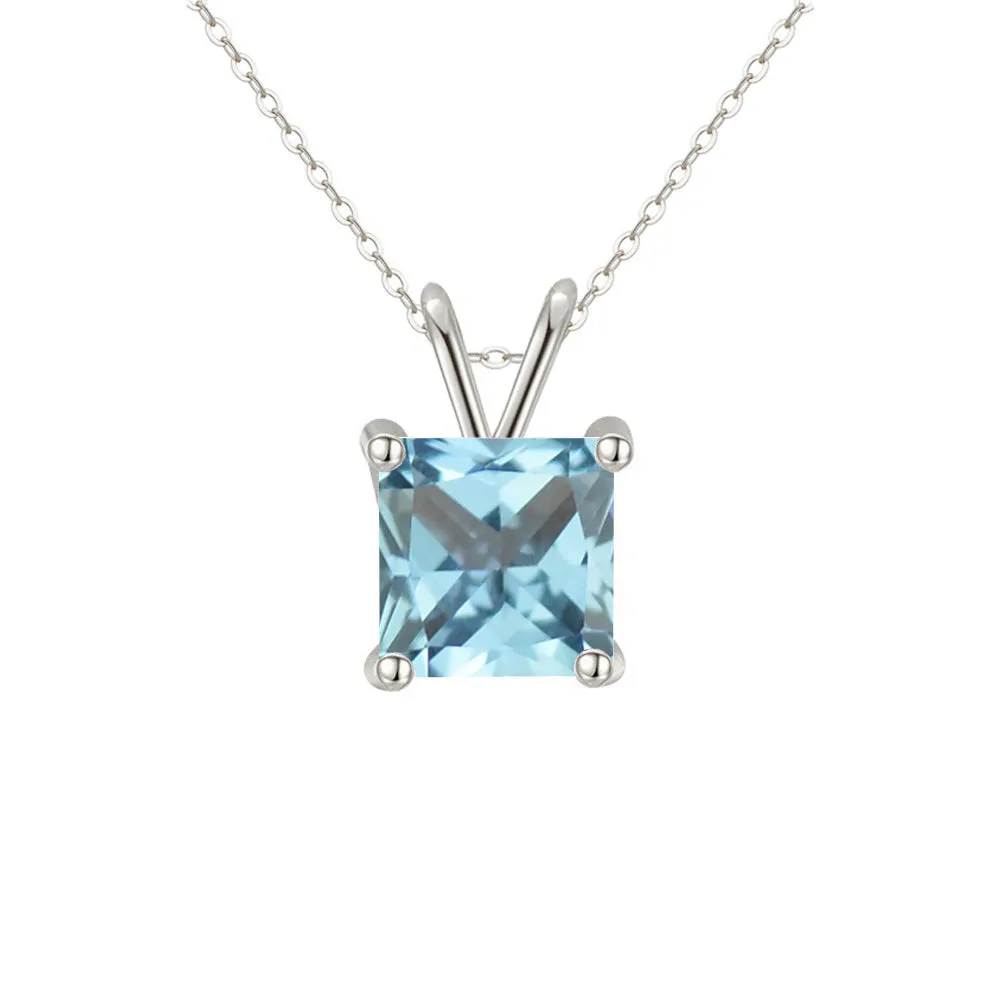 18K White Gold 2 Carat Created Aquamarine Princess Stud Necklace Plated 18 inch