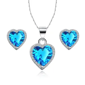 18k White Gold Plated Heart 1/2 Carat Created Aquamarine Full Set Necklace 18 inch