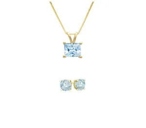 18K Yellow Gold 1ct Aquamarine Princess Cut 18 Inch Necklace and Round Earrings Set Plated