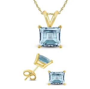 18K Yellow Gold 2ct Aquamarine Square 18 Inch Necklace and Earrings Set Plated