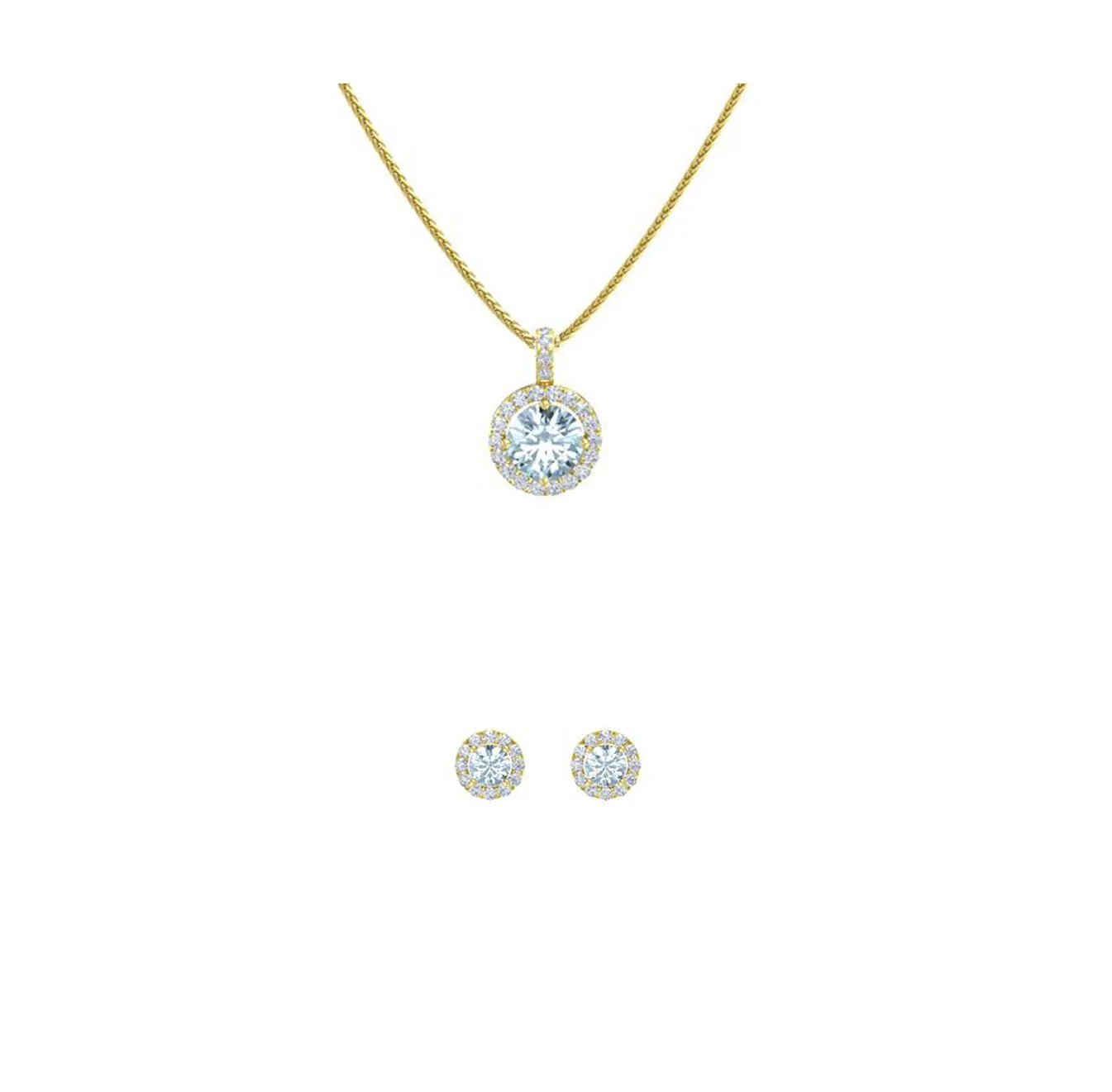 18K Yellow Gold 2ct  Halo Aquamarine Round 18 Inch Necklace and Halo Earrings Set Plated