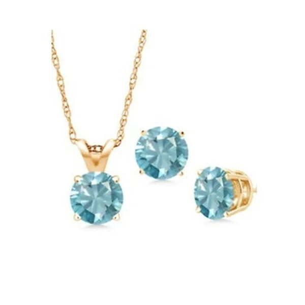 18K Yellow Gold 3ct  Aquamarine Round 18 Inch Necklace and Earrings Set Plated