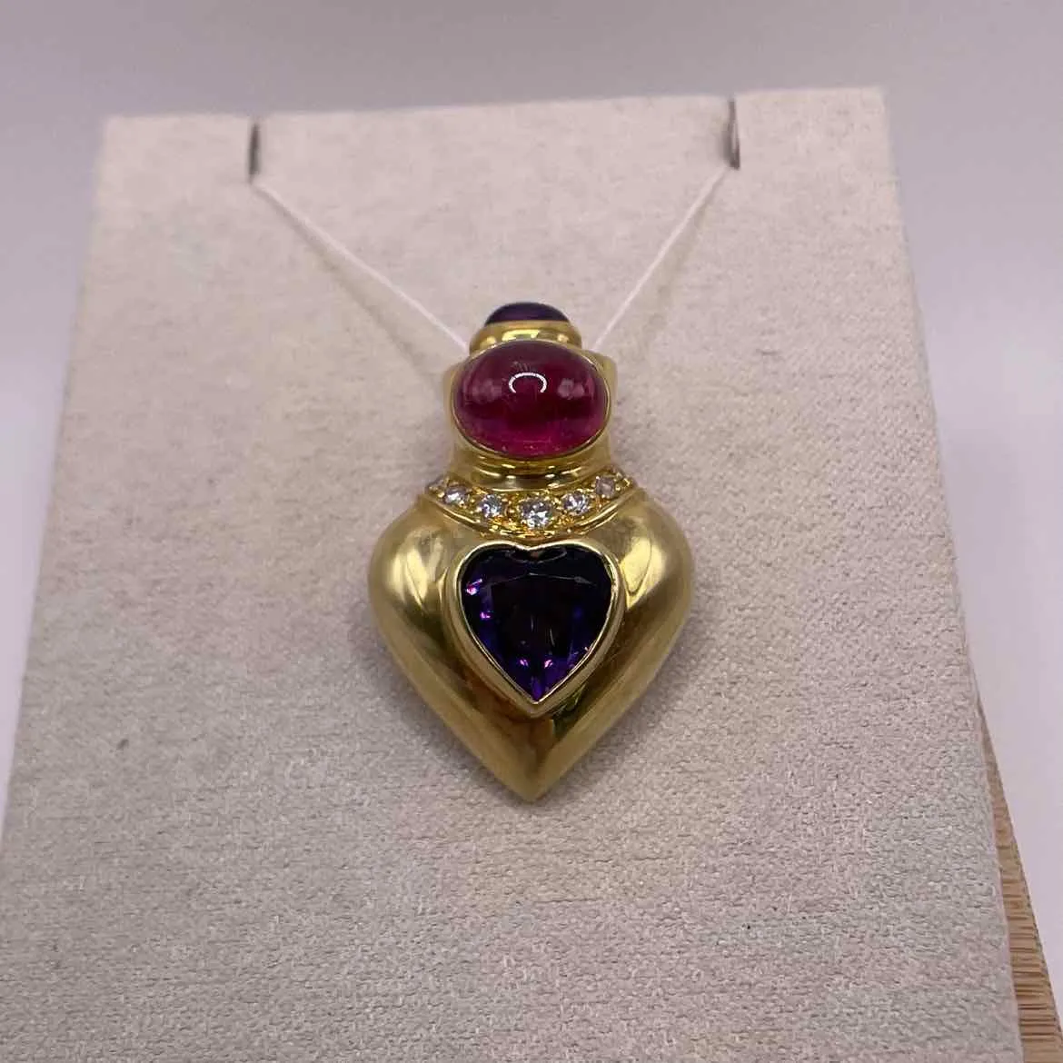 18KY YELLOW GOLD AMETHYST, TOURMALINE & DIAMOND ENHANCER / PIN