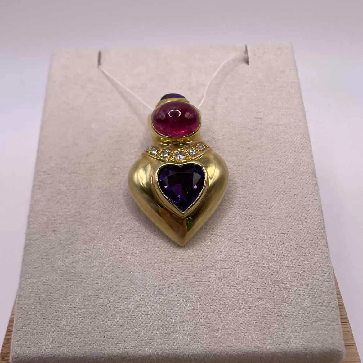 18KY YELLOW GOLD AMETHYST, TOURMALINE & DIAMOND ENHANCER / PIN