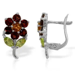 2.12 Carat 14K Solid White Gold Flower Stud Earrings Garnet, Citrine P