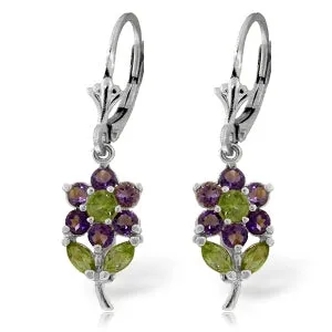 2.12 Carat 14K Solid White Gold Flowers Earrings Amethyst Peridot