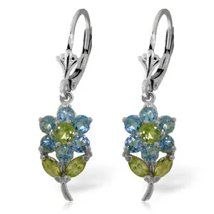 2.12 Carat 14K Solid White Gold Flowers Earrings Blue Topaz Peridot