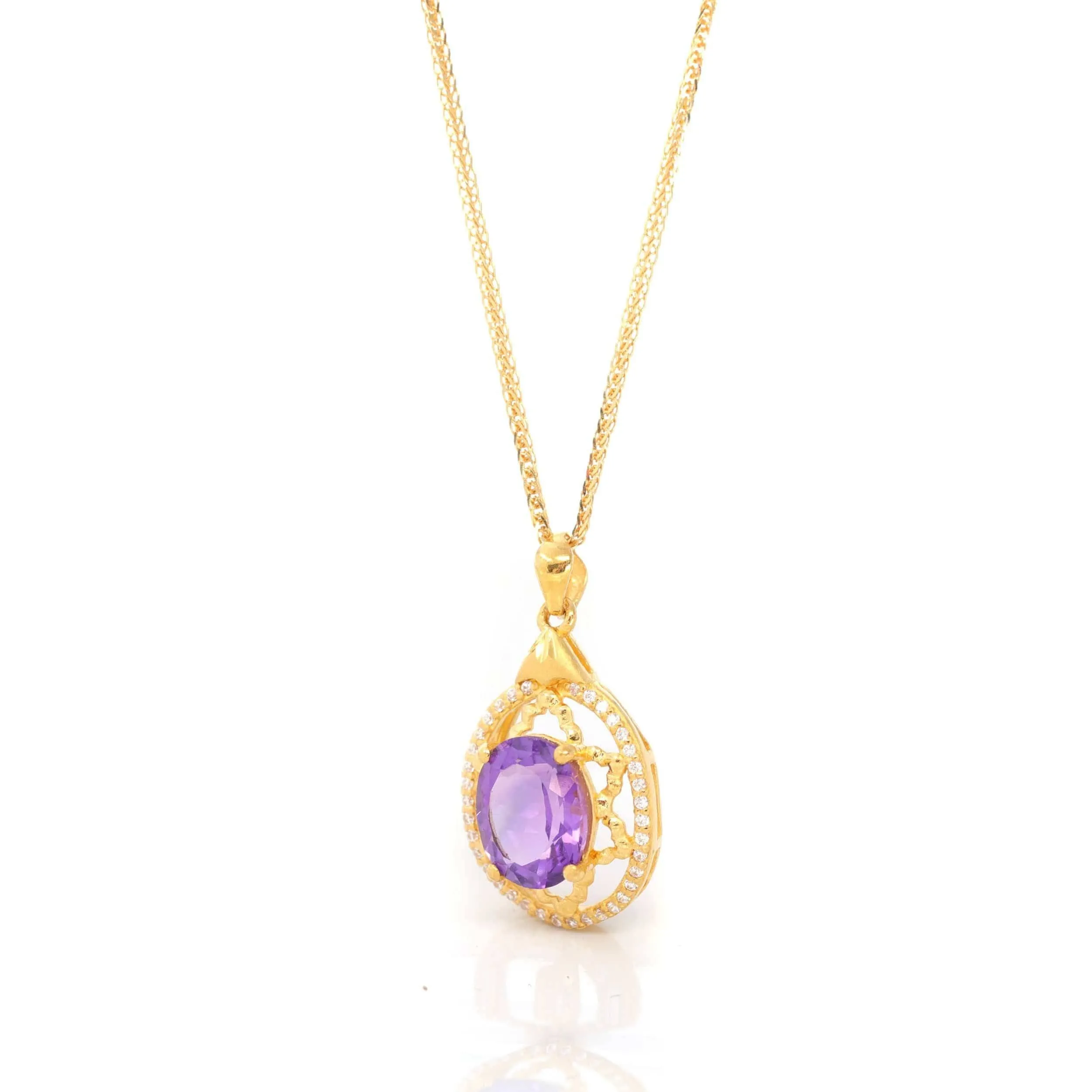 24K Yellow Gold Genuine AA Royal Amethyst Pendant Necklace With CZ