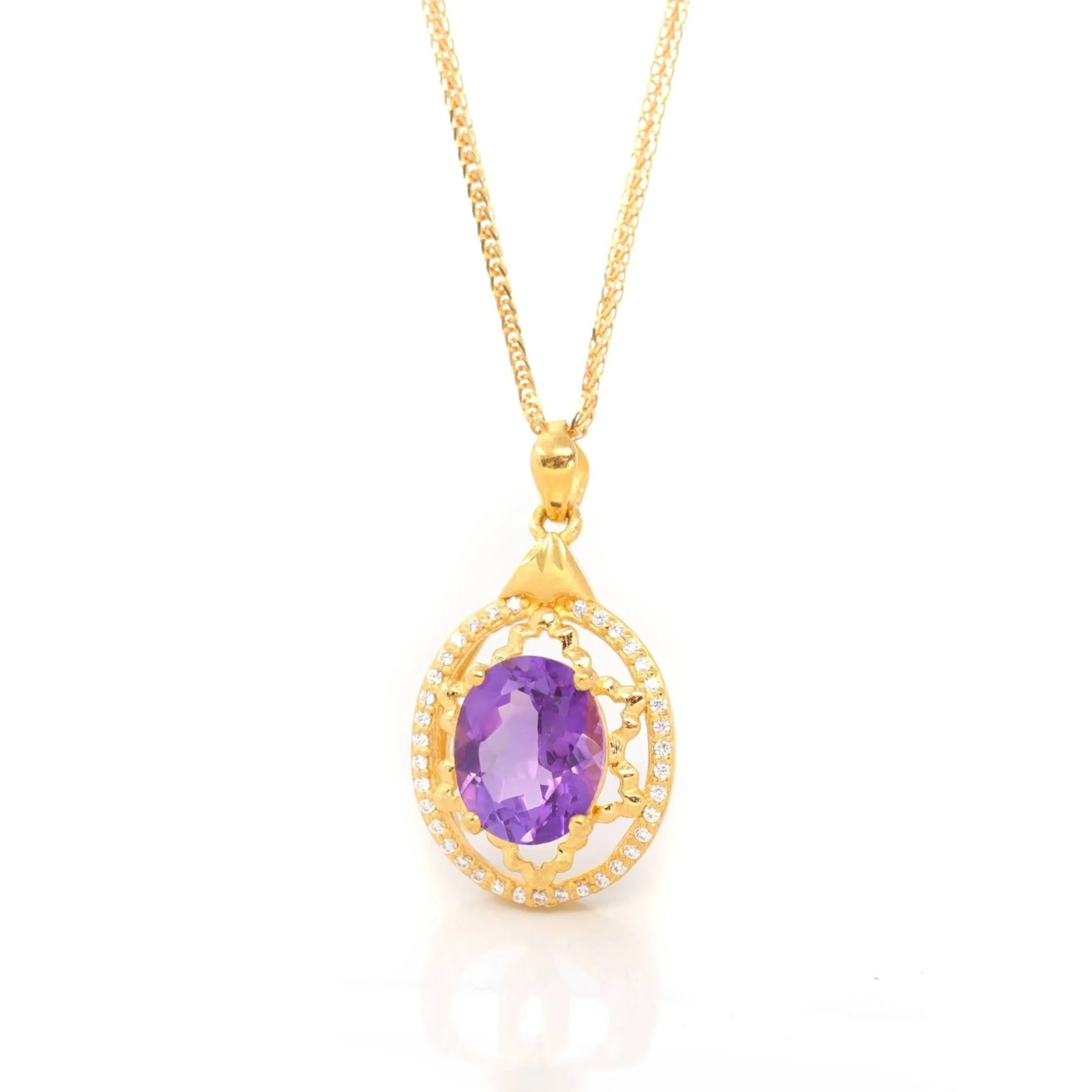 24K Yellow Gold Genuine AA Royal Amethyst Pendant Necklace With CZ