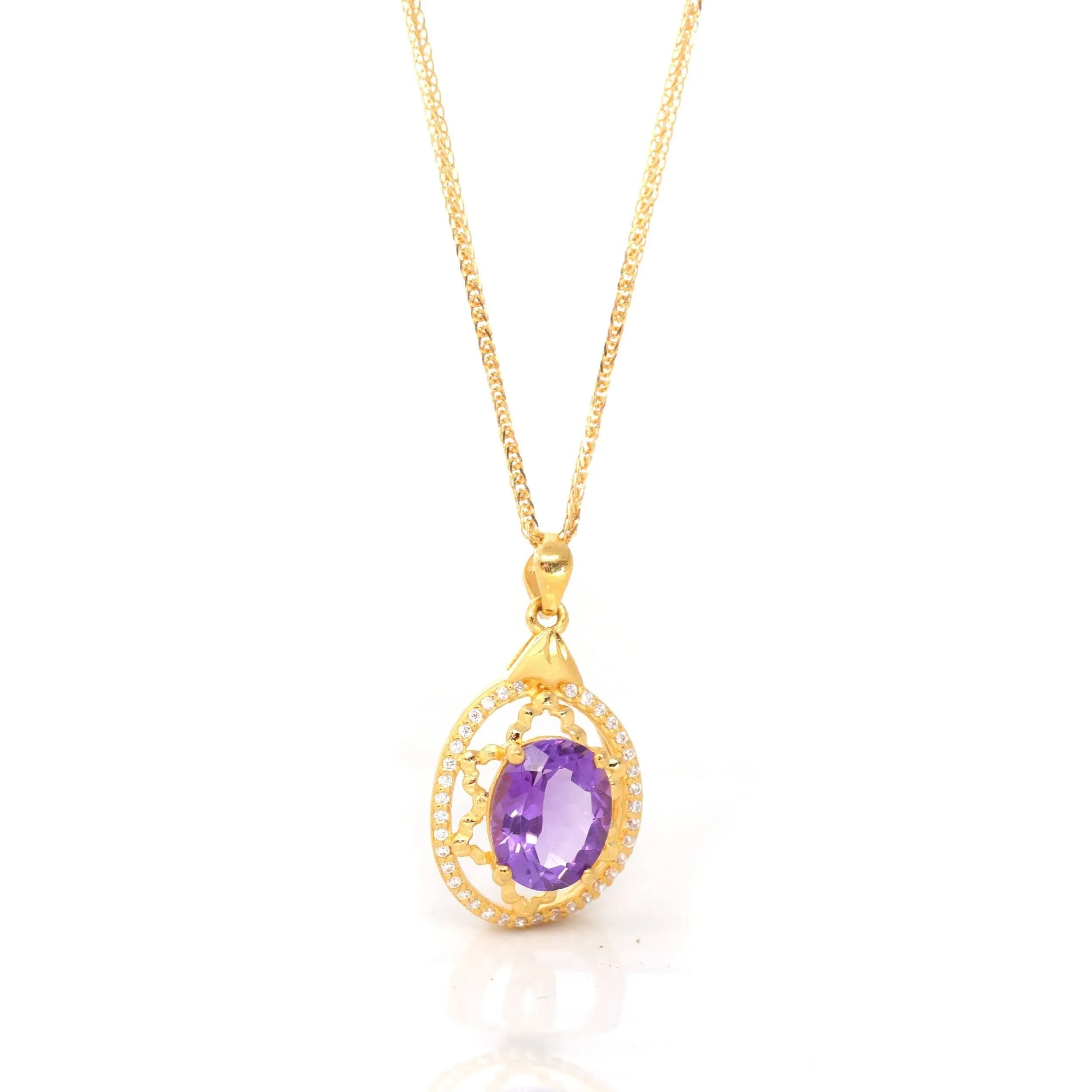 24K Yellow Gold Genuine AA Royal Amethyst Pendant Necklace With CZ