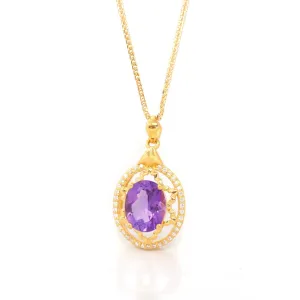 24K Yellow Gold Genuine AA Royal Amethyst Pendant Necklace With CZ