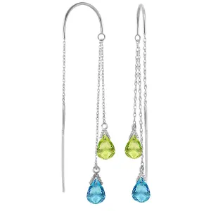 2.5 Carat 14K Solid White Gold Threaded Dangle Earrings Blue Topaz Peridot