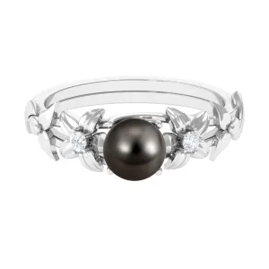 2.50 CT Black Tahitian Pearl Flower Engagement Ring with Diamond